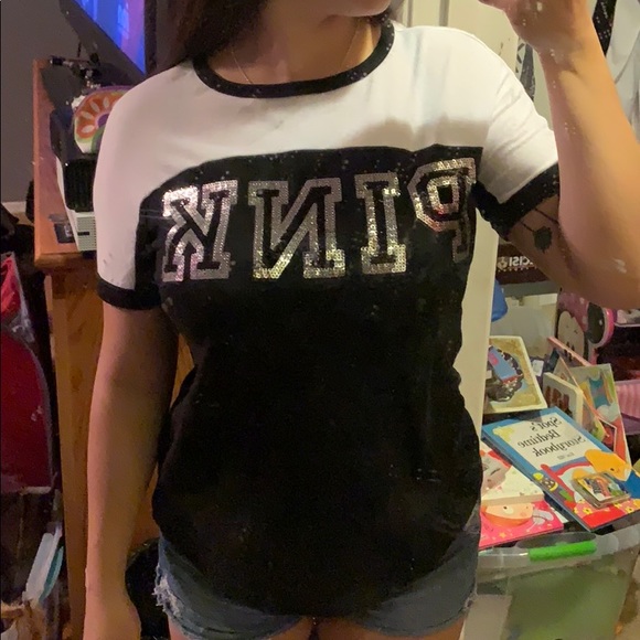 PINK Victoria's Secret Tops - Black & White Sequin PINK Shirt